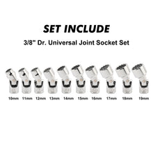 Load image into Gallery viewer, CASOMAN 3/8" Drive Universal Joint Socket Set- 10 Piece Flex Socket Set, 12-Point, Cr-V, Metric, 10-19mm, Mirror Chrome Finish