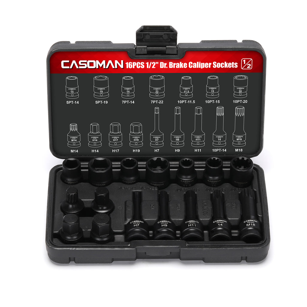 CASOMAN 16-Piece 1/2" Drive Impact Brake Caliper Socket Set, 5PT 7PT 10PT M14 M18 & Hex Sockets Compatible with Ford Benz BMW VW Audi Porsche