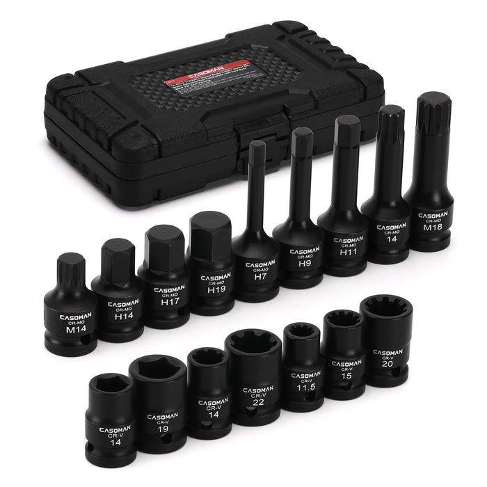 CASOMAN 16-Piece 1/2" Drive Impact Brake Caliper Socket Set, 5PT 7PT 10PT M14 M18 & Hex Sockets Compatible with Ford Benz BMW VW Audi Porsche
