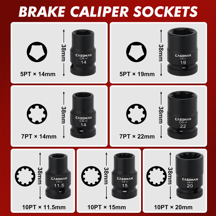 CASOMAN 16-Piece 1/2" Drive Impact Brake Caliper Socket Set, 5PT 7PT 10PT M14 M18 & Hex Sockets Compatible with Ford Benz BMW VW Audi Porsche