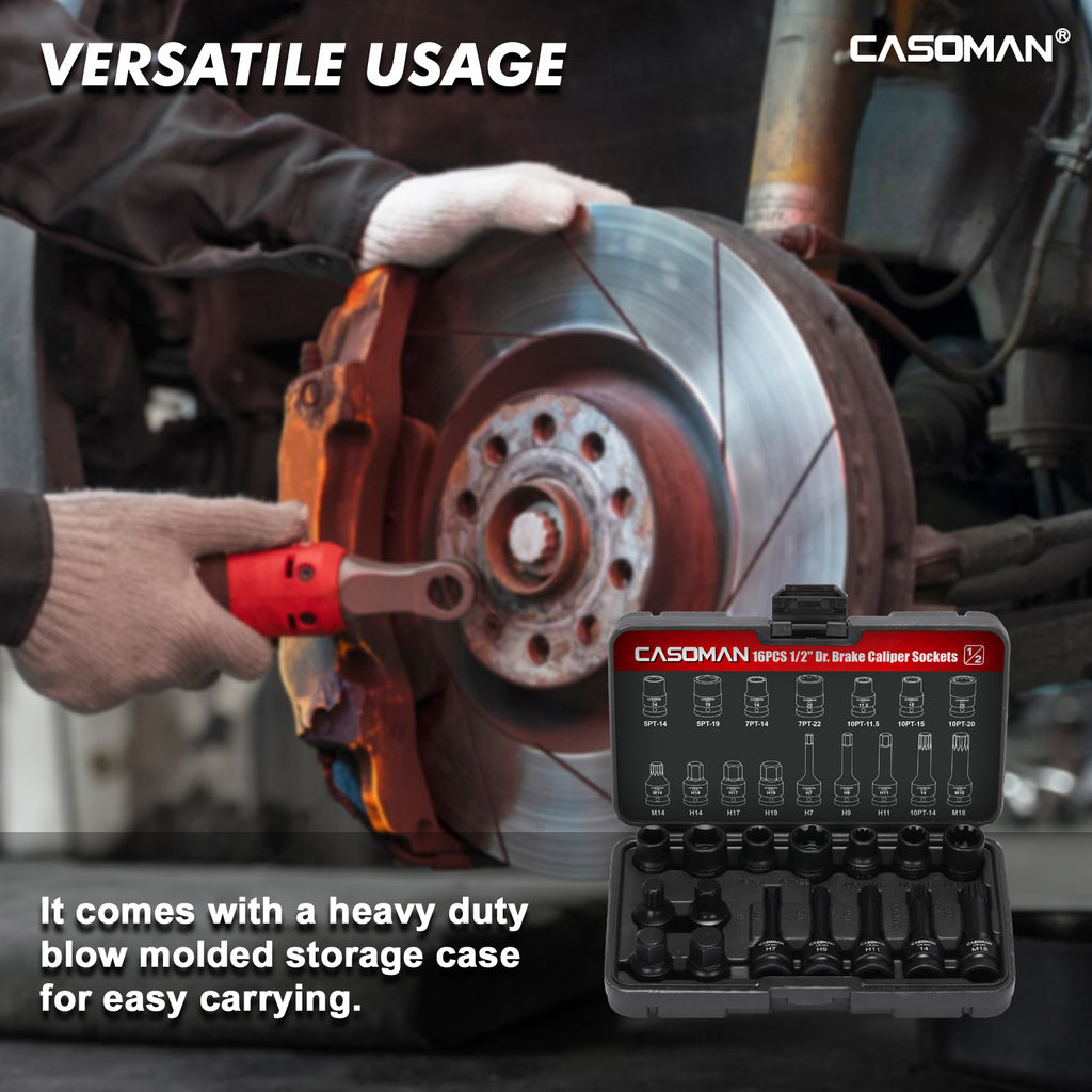 CASOMAN 16-Piece 1/2" Drive Impact Brake Caliper Socket Set, 5PT 7PT 10PT M14 M18 & Hex Sockets Compatible with Ford Benz BMW VW Audi Porsche