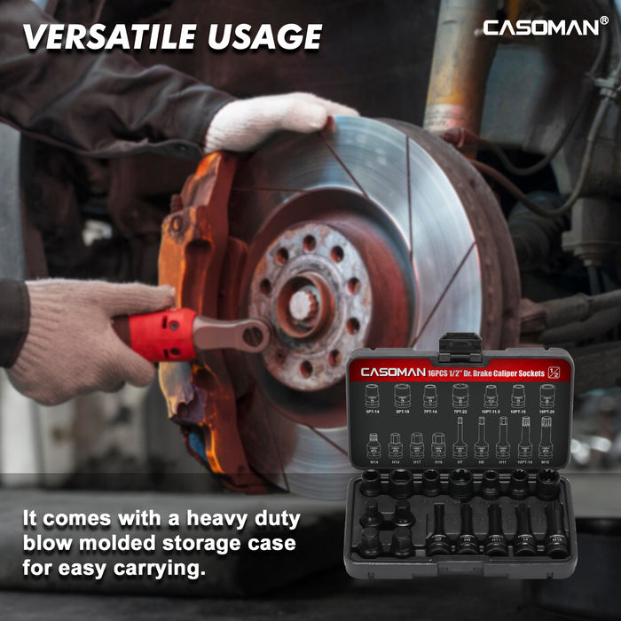 CASOMAN 16-Piece 1/2" Drive Impact Brake Caliper Socket Set, 5PT 7PT 10PT M14 M18 & Hex Sockets Compatible with Ford Benz BMW VW Audi Porsche