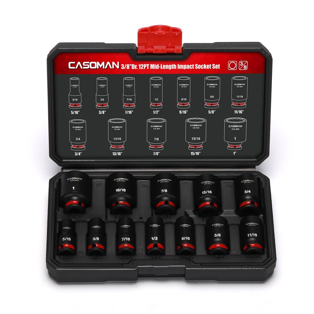 CASOMAN 12-Pieces 3/8" Drive Mid-Length Impact Socket Set, 12-Point, SAE, 5/16-Inch to 1-Inch, CR-MO Steel, with Storage Case