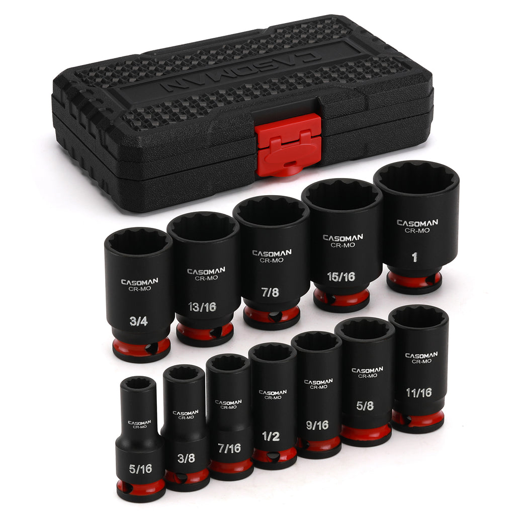 CASOMAN 12-Pieces 3/8" Drive Mid-Length Impact Socket Set, 12-Point, SAE, 5/16-Inch to 1-Inch, CR-MO Steel, with Storage Case