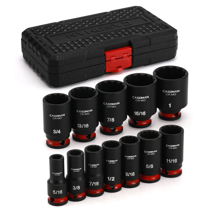CASOMAN 12-Pieces 3/8" Drive Mid-Length Impact Socket Set, 12-Point, SAE, 5/16-Inch to 1-Inch, CR-MO Steel, with Storage Case