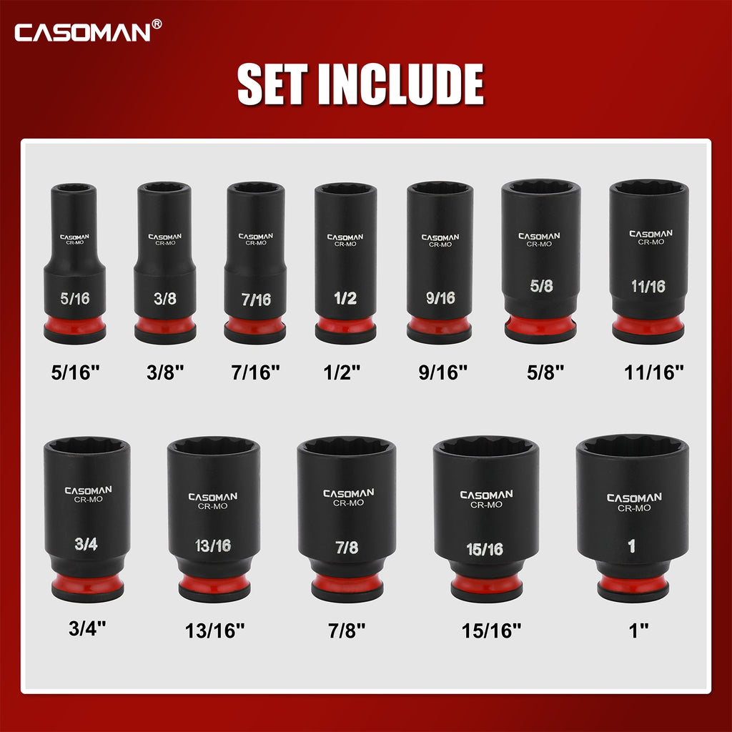 CASOMAN 12-Pieces 3/8" Drive Mid-Length Impact Socket Set, 12-Point, SAE, 5/16-Inch to 1-Inch, CR-MO Steel, with Storage Case