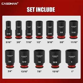CASOMAN 12-Piece 3/8-Inch Drive Mid-Length Impact Socket Set, 12-Point, SAE 5/16–1 Inch, CR-MO, Storage Case