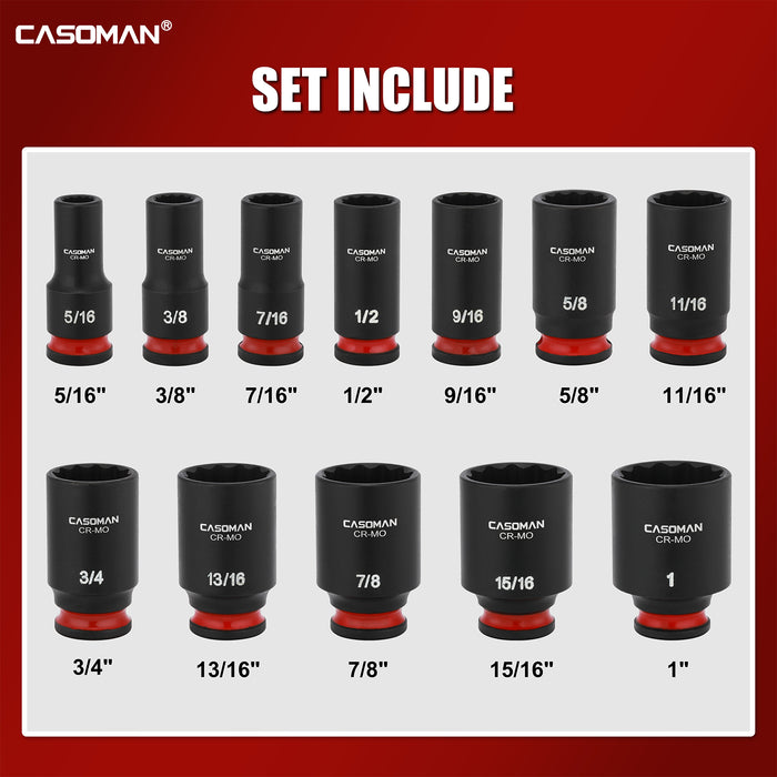 CASOMAN 12-Pieces 3/8" Drive Mid-Length Impact Socket Set, 12-Point, SAE, 5/16-Inch to 1-Inch, CR-MO Steel, with Storage Case