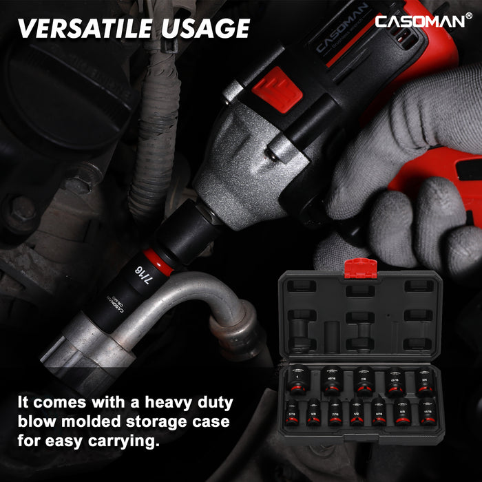 CASOMAN 12-Pieces 3/8" Drive Mid-Length Impact Socket Set, 12-Point, SAE, 5/16-Inch to 1-Inch, CR-MO Steel, with Storage Case