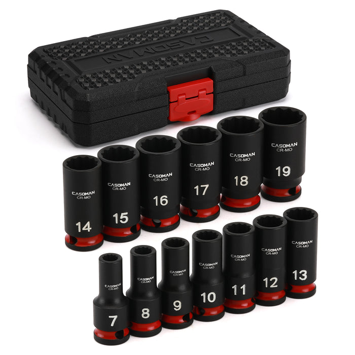 CASOMAN 13-Pieces 3/8" Drive Mid-Length Impact Socket Set, 12-Point, Metric, 7mm - 19mm, CR-MO Steel, with Storage Case