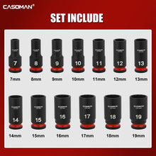 Load image into Gallery viewer, CASOMAN 13-Pieces 3/8" Drive Mid-Length Impact Socket Set, 12-Point, Metric, 7mm - 19mm, CR-MO Steel, with Storage Case