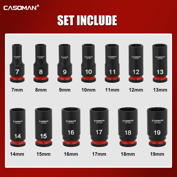 CASOMAN 13-Pieces 3/8" Drive Mid-Length Impact Socket Set, 12-Point, Metric, 7mm - 19mm, CR-MO Steel, with Storage Case