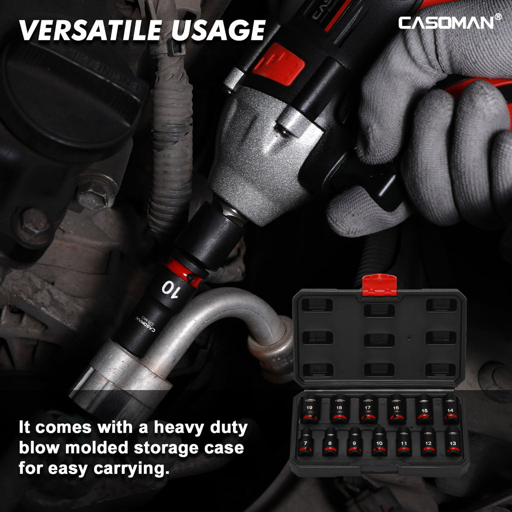 CASOMAN 13-Pieces 3/8" Drive Mid-Length Impact Socket Set, 12-Point, Metric, 7mm - 19mm, CR-MO Steel, with Storage Case