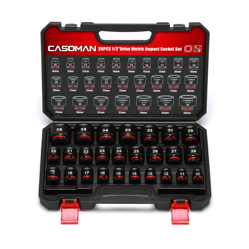 CASOMAN 26-Pieces 1/2" Drive Standard Impact Socket Set, 12-Point, Metric, 10mm - 36mm, CR-MO Steel, with Storage Case