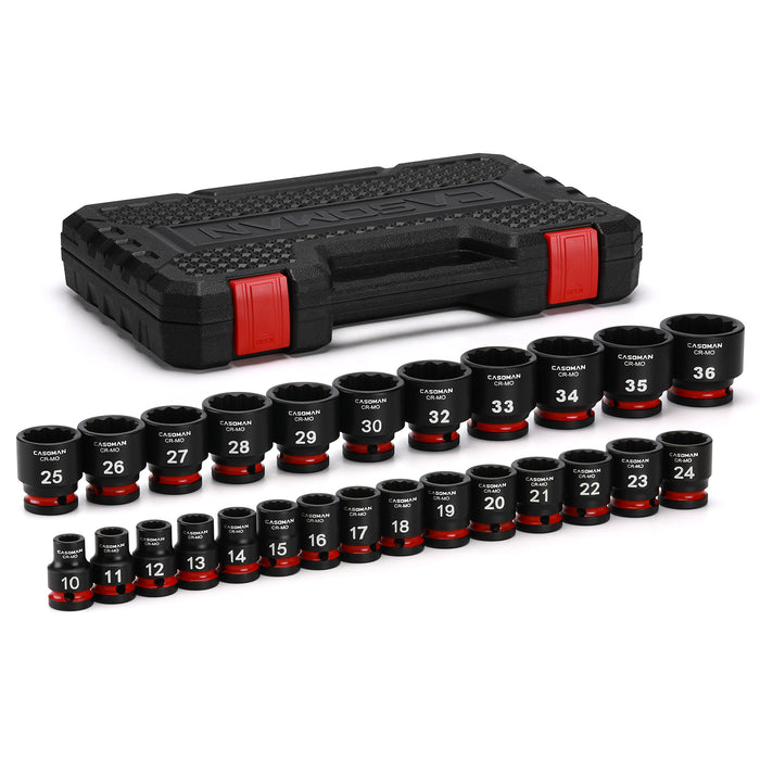 CASOMAN 26-Pieces 1/2" Drive Standard Impact Socket Set, 12-Point, Metric, 10mm - 36mm, CR-MO Steel, with Storage Case