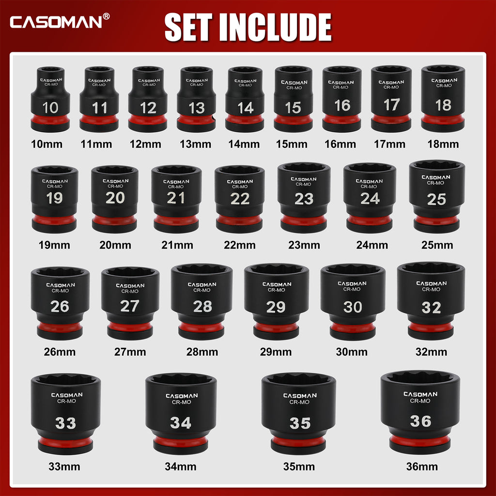 CASOMAN 26-Pieces 1/2" Drive Standard Impact Socket Set, 12-Point, Metric, 10mm - 36mm, CR-MO Steel, with Storage Case