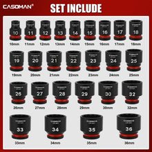 Load image into Gallery viewer, CASOMAN 26-Pieces 1/2" Drive Standard Impact Socket Set, 12-Point, Metric, 10mm - 36mm, CR-MO Steel, with Storage Case