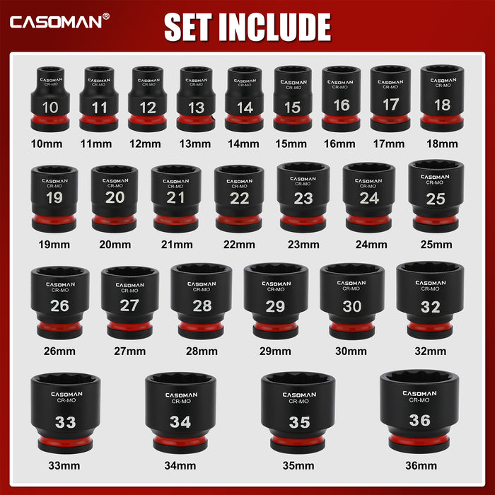 CASOMAN 26-Pieces 1/2" Drive Standard Impact Socket Set, 12-Point, Metric, 10mm - 36mm, CR-MO Steel, with Storage Case
