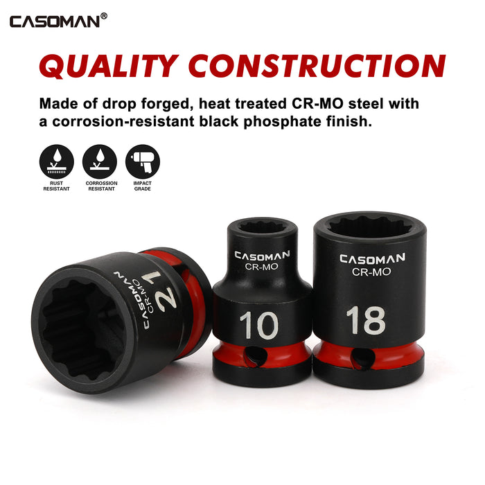 CASOMAN 26-Pieces 1/2" Drive Standard Impact Socket Set, 12-Point, Metric, 10mm - 36mm, CR-MO Steel, with Storage Case