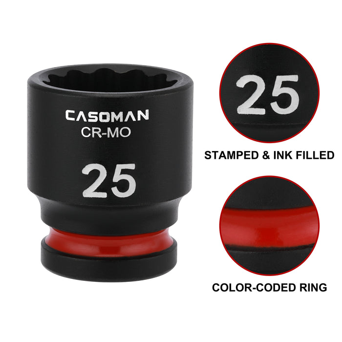 CASOMAN 26-Pieces 1/2" Drive Standard Impact Socket Set, 12-Point, Metric, 10mm - 36mm, CR-MO Steel, with Storage Case