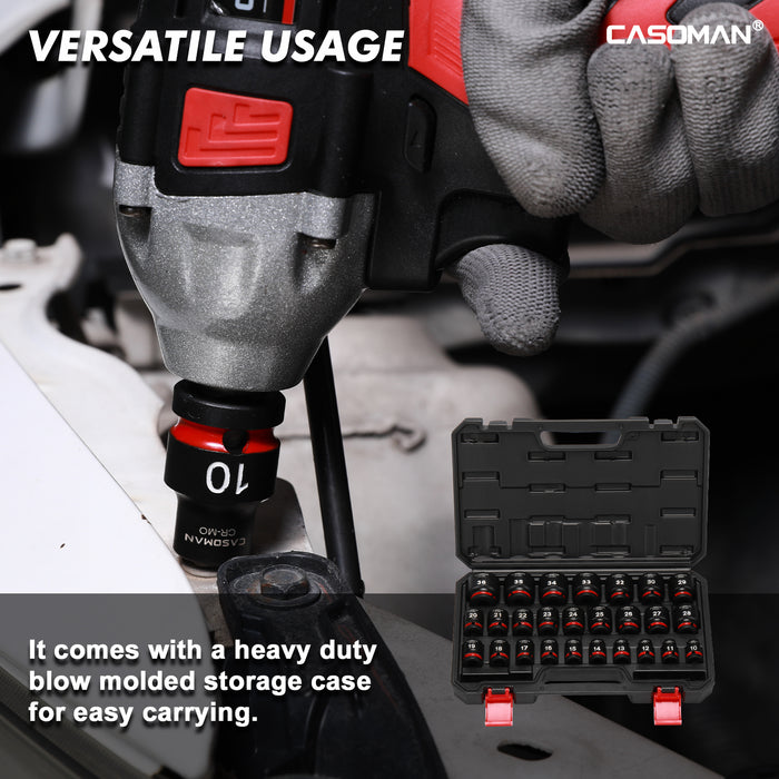 CASOMAN 26-Pieces 1/2" Drive Standard Impact Socket Set, 12-Point, Metric, 10mm - 36mm, CR-MO Steel, with Storage Case