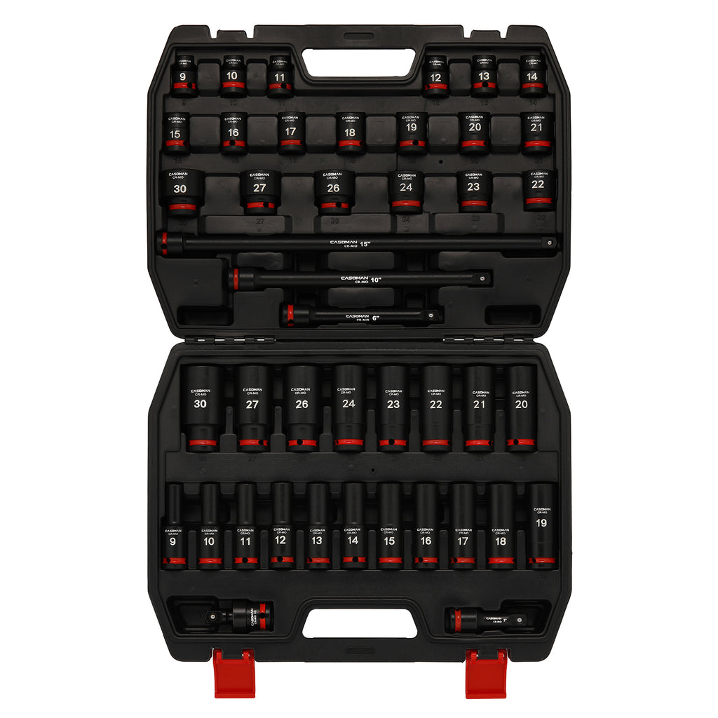 CASOMAN 43-Pieces 1/2" Drive Master Impact Socket Set, Deep and Standard, 6-Point, Metric, 9mm - 30mm, CR-MO Steel, Impact Universal Joint & Extension Bars, with Storage Case