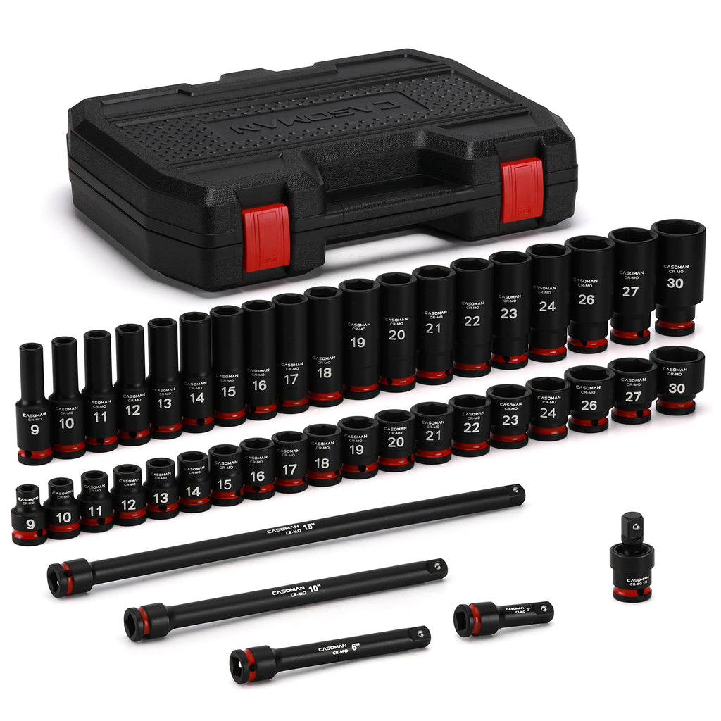 CASOMAN 43-Pieces 1/2" Drive Master Impact Socket Set, Deep and Standard, 6-Point, Metric, 9mm - 30mm, CR-MO Steel, Impact Universal Joint & Extension Bars, with Storage Case