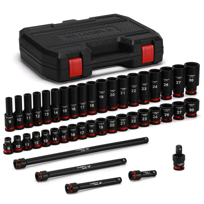 CASOMAN 43-Pieces 1/2" Drive Master Impact Socket Set, Deep and Standard, 6-Point, Metric, 9mm - 30mm, CR-MO Steel, Impact Universal Joint & Extension Bars, with Storage Case