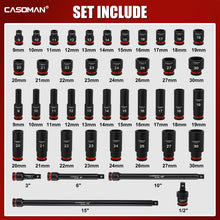 Load image into Gallery viewer, CASOMAN 43-Pieces 1/2" Drive Master Impact Socket Set, Deep and Standard, 6-Point, Metric, 9mm - 30mm, CR-MO Steel, Impact Universal Joint &amp; Extension Bars, with Storage Case