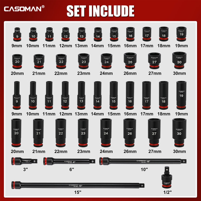 CASOMAN 43-Pieces 1/2" Drive Master Impact Socket Set, Deep and Standard, 6-Point, Metric, 9mm - 30mm, CR-MO Steel, Impact Universal Joint & Extension Bars, with Storage Case