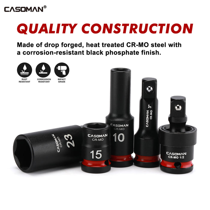 CASOMAN 43-Pieces 1/2" Drive Master Impact Socket Set, Deep and Standard, 6-Point, Metric, 9mm - 30mm, CR-MO Steel, Impact Universal Joint & Extension Bars, with Storage Case