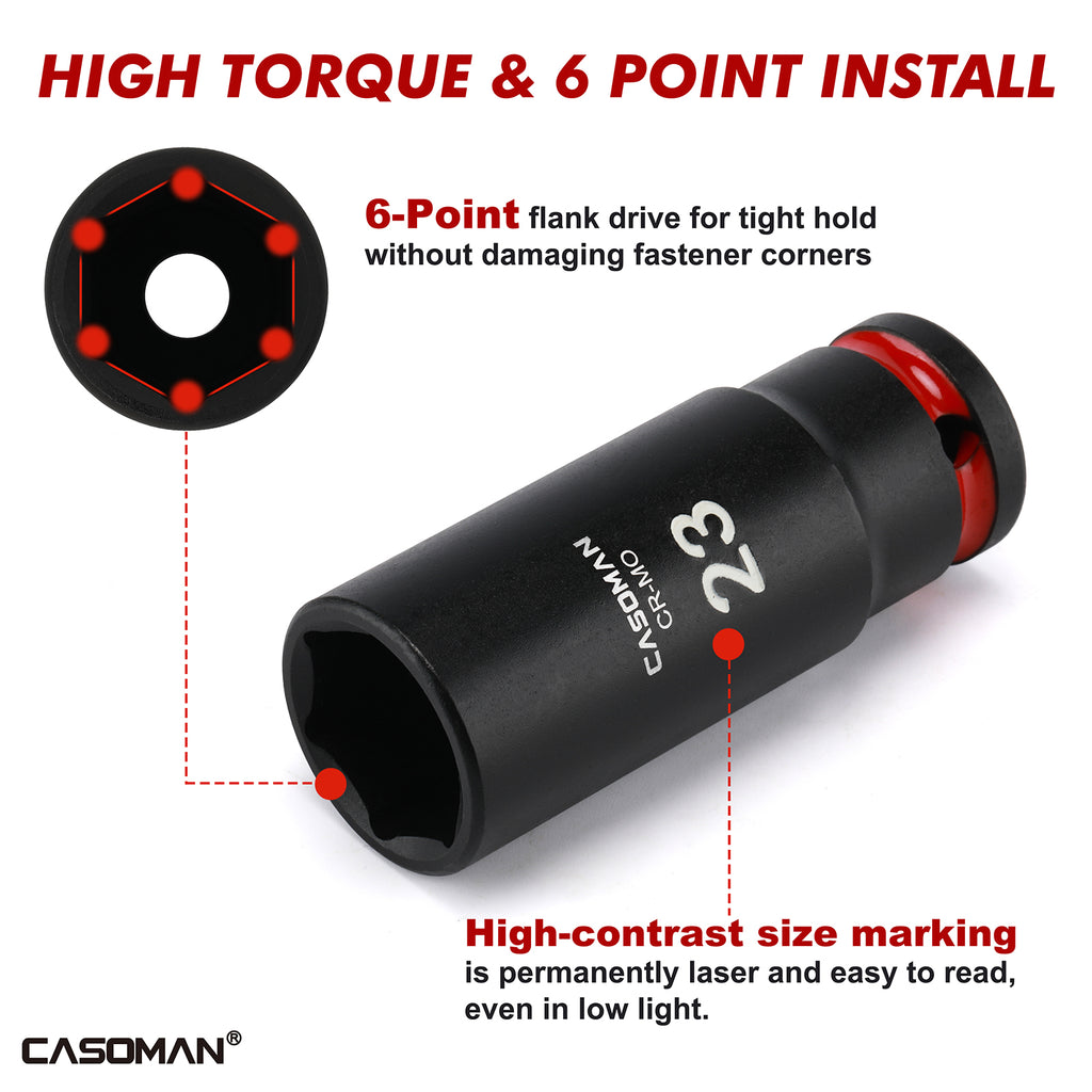 CASOMAN 43-Pieces 1/2" Drive Master Impact Socket Set, Deep and Standard, 6-Point, Metric, 9mm - 30mm, CR-MO Steel, Impact Universal Joint & Extension Bars, with Storage Case