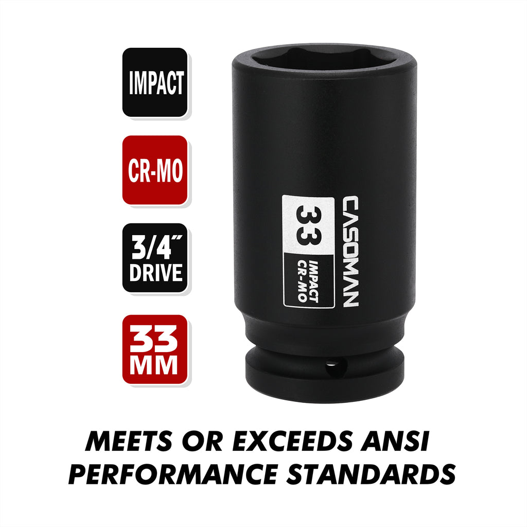 CASOMAN 3/4" Drive 33 mm Axle Nut Impact Socket, CR-MO, 6 Point Deep Impact Socket (33MM) for Easy Removal of Axle Shaft Nuts