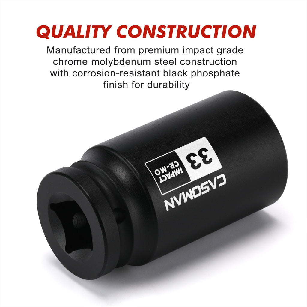 CASOMAN 3/4" Drive 33 mm Axle Nut Impact Socket, CR-MO, 6 Point Deep Impact Socket (33MM) for Easy Removal of Axle Shaft Nuts