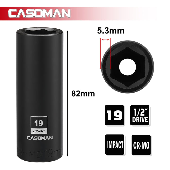 CASOMAN 1/2-Inch Drive x 19mm Deep Impact Socket, 6-Point, Metric, CR-MO
