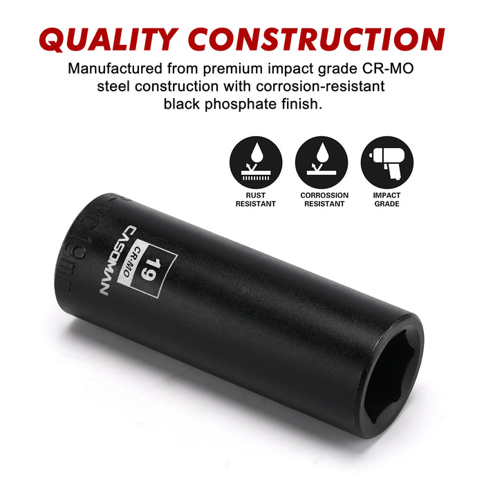 CASOMAN 1/2-Inch Drive x 19mm Deep Impact Socket, 6-Point, Metric, CR-MO