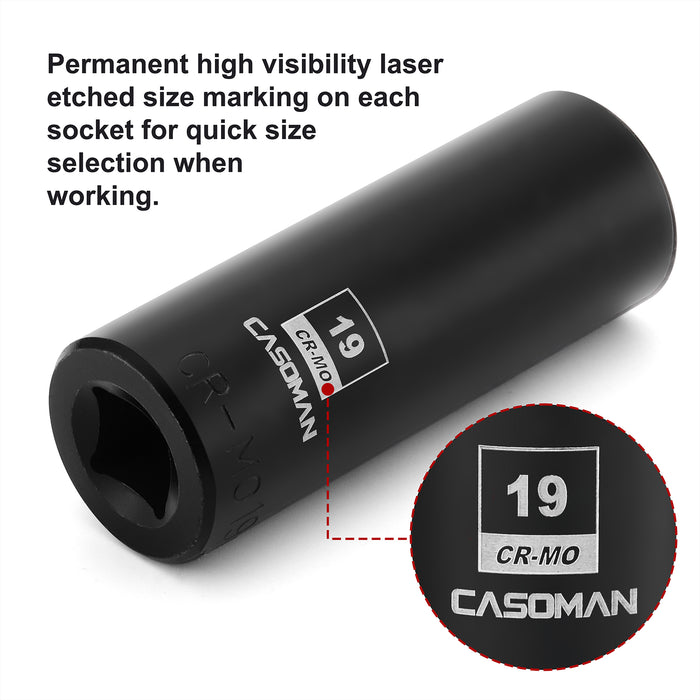 CASOMAN 1/2-Inch Drive x 19mm Deep Impact Socket, 6-Point, Metric, CR-MO