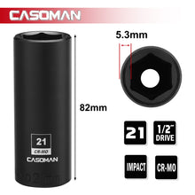 Load image into Gallery viewer, CASOMAN 1/2-Inch Drive x 21mm Deep Impact Socket, 6-Point, Metric, CR-MO