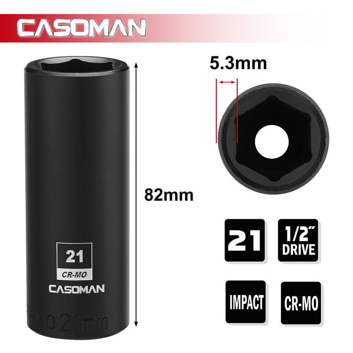 CASOMAN 1/2-Inch Drive x 21mm Deep Impact Socket, 6-Point, Metric, CR-MO