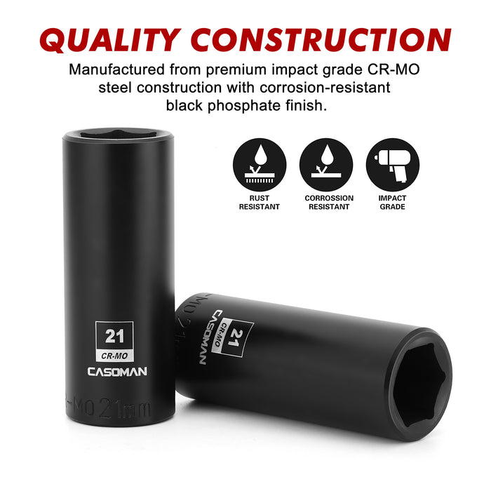 CASOMAN 1/2-Inch Drive x 21mm Deep Impact Socket, 6-Point, Metric, CR-MO