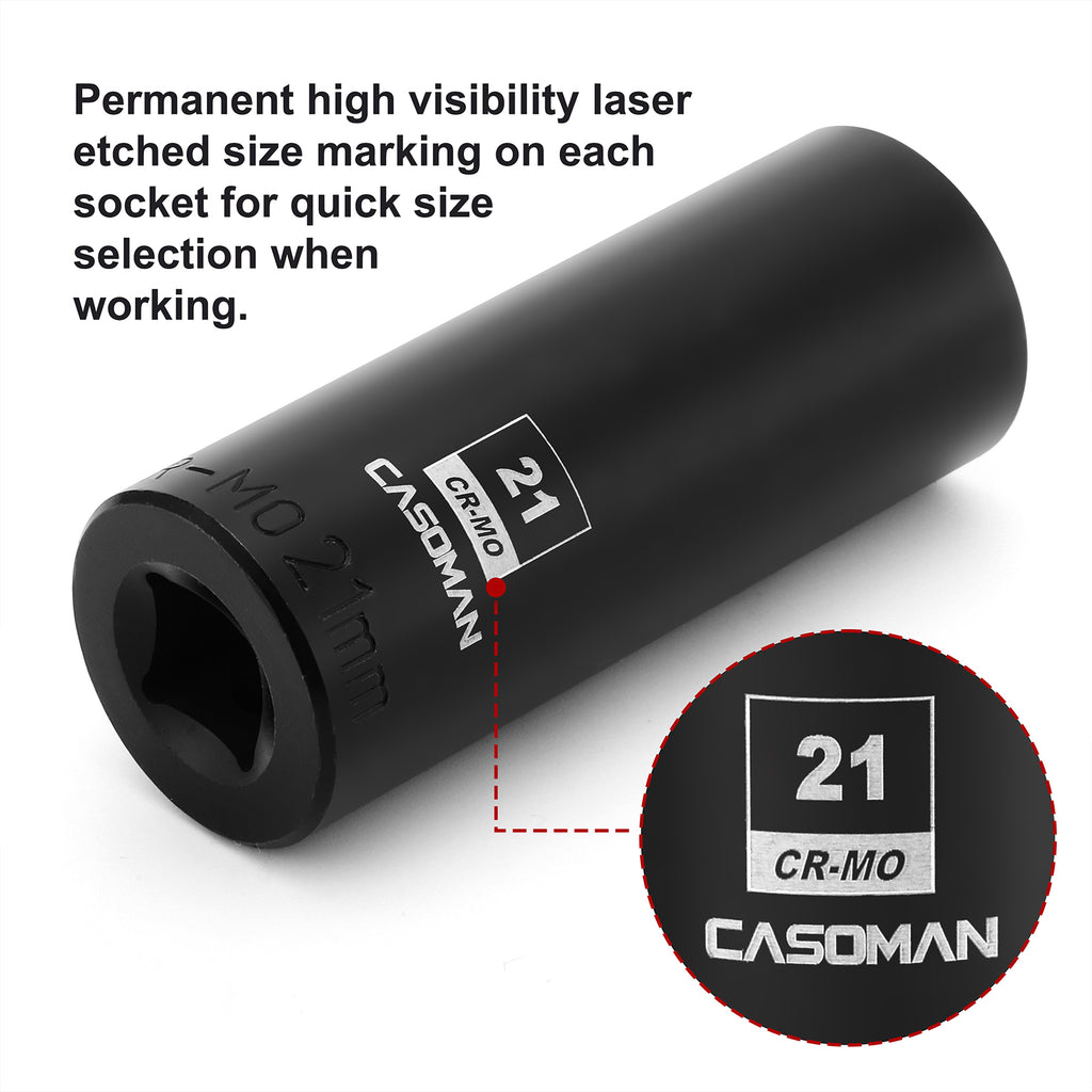 CASOMAN 1/2-Inch Drive x 21mm Deep Impact Socket, 6-Point, Metric, CR-MO
