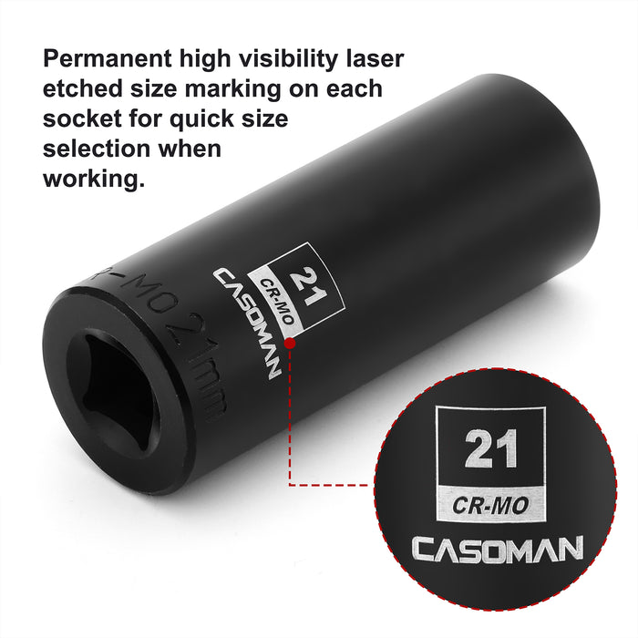 CASOMAN 1/2-Inch Drive x 21mm Deep Impact Socket, 6-Point, Metric, CR-MO