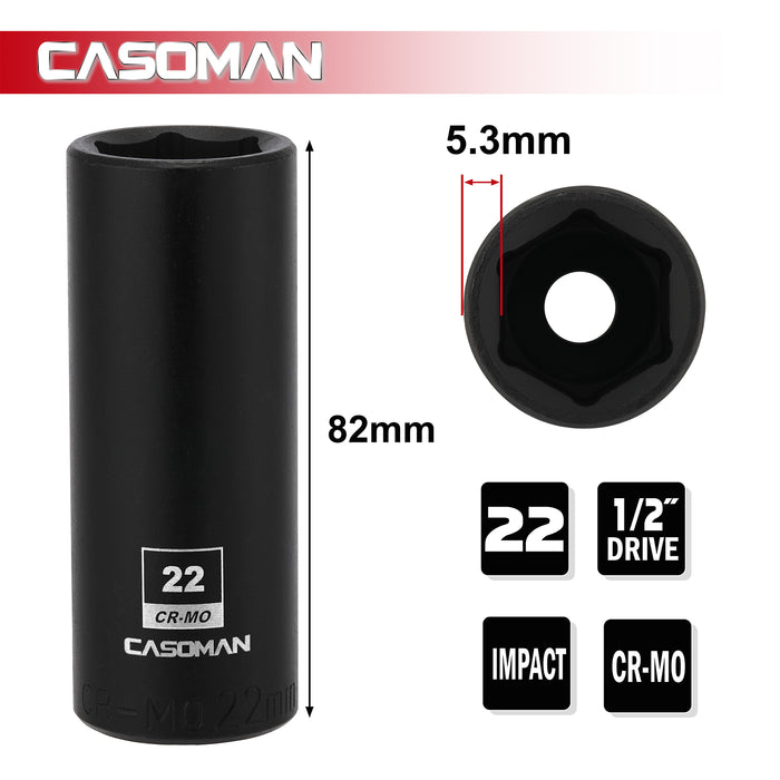 CASOMAN 1/2-Inch Drive x 22mm Deep Impact Socket, 6-Point, Metric, CR-MO