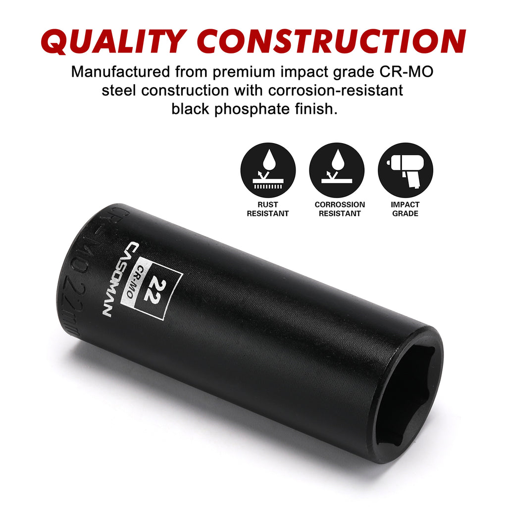 CASOMAN 1/2-Inch Drive x 22mm Deep Impact Socket, 6-Point, Metric, CR-MO