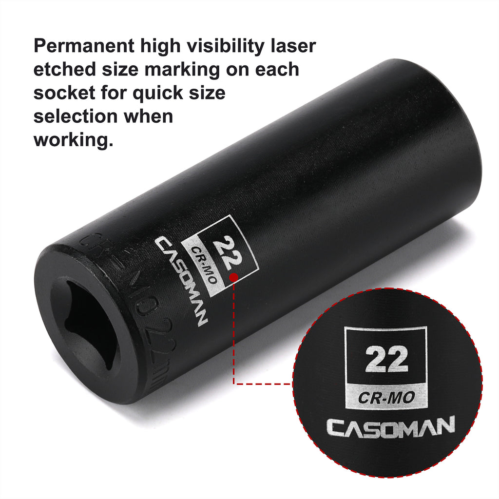 CASOMAN 1/2-Inch Drive x 22mm Deep Impact Socket, 6-Point, Metric, CR-MO