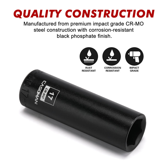 CASOMAN 1/2-Inch Drive x 17mm Deep Impact Socket, 6-Point, Metric, CR-MO