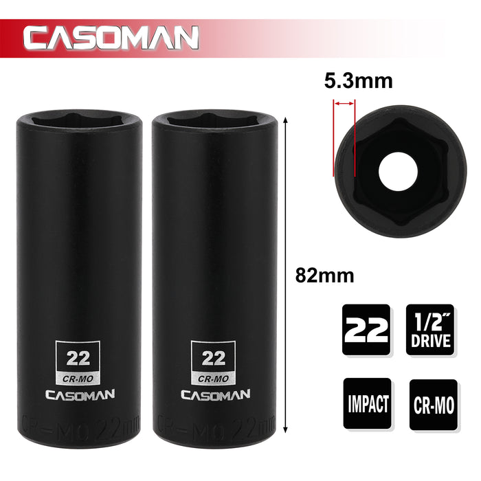 CASOMAN 1/2-Inch Drive x 22mm Deep Impact Sockets, 2PCS Set, 6-Point, Metric, CR-MO