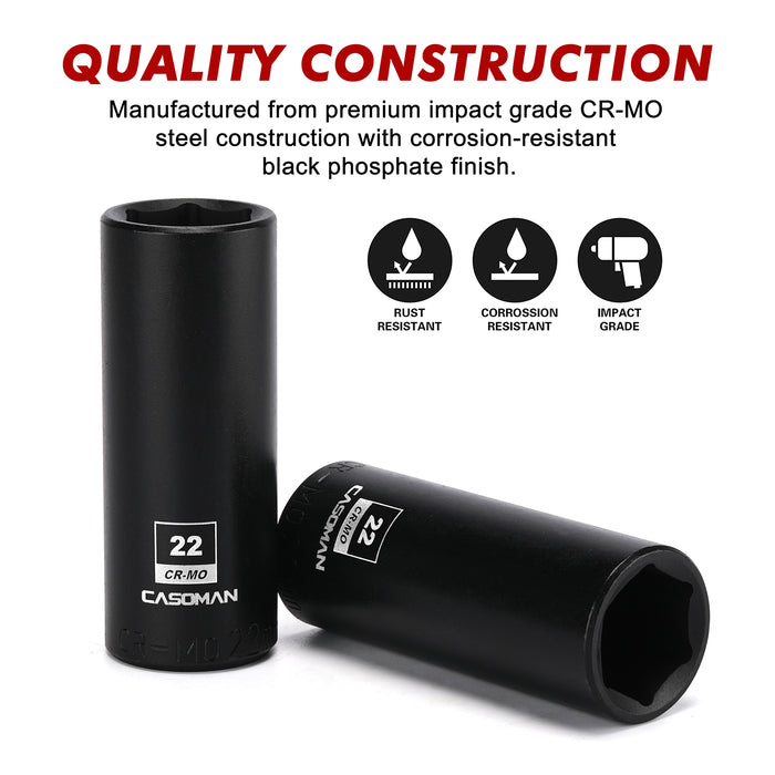 CASOMAN 1/2-Inch Drive x 22mm Deep Impact Sockets, 2PCS Set, 6-Point, Metric, CR-MO
