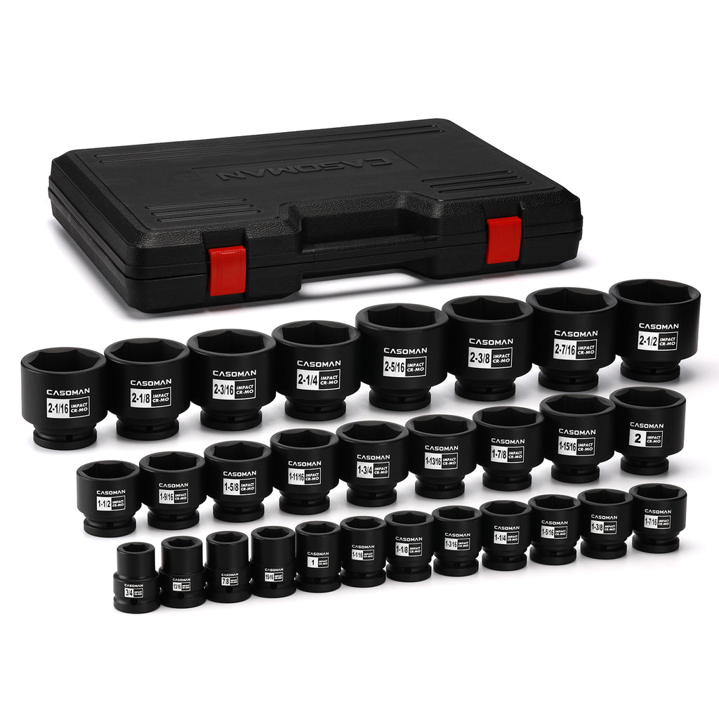 CASOMAN 29-Piece 3/4" Drive Shallow Spindle Axle Nut Impact Socket Set, 6-Point, Standard Large Socket Set, SAE (3/4" to 2-1/2"), CR-MO Steel, with Storage Case
