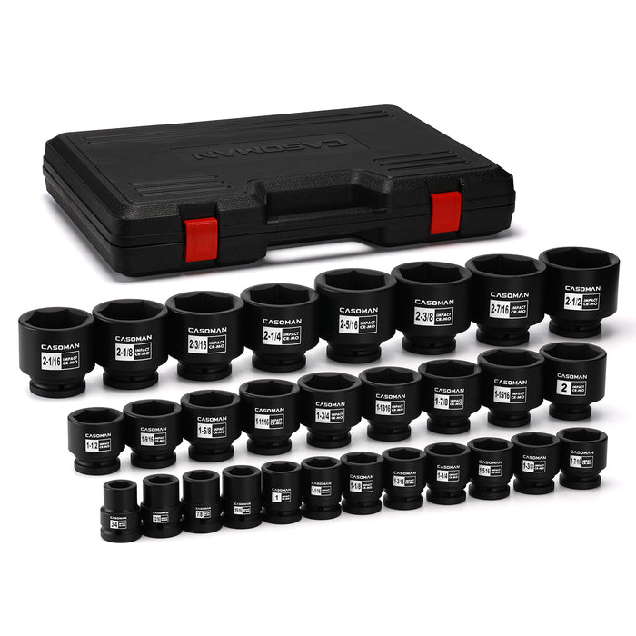 CASOMAN 29-Piece 3/4" Drive Shallow Spindle Axle Nut Impact Socket Set, 6-Point, Standard Large Socket Set, SAE (3/4" to 2-1/2"), CR-MO Steel, with Storage Case